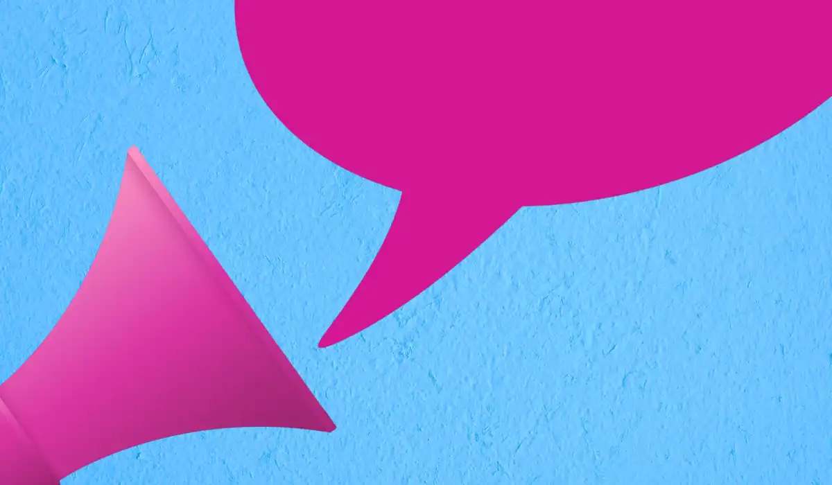pink megaphone with a pink speech bubble next to it on a blue background