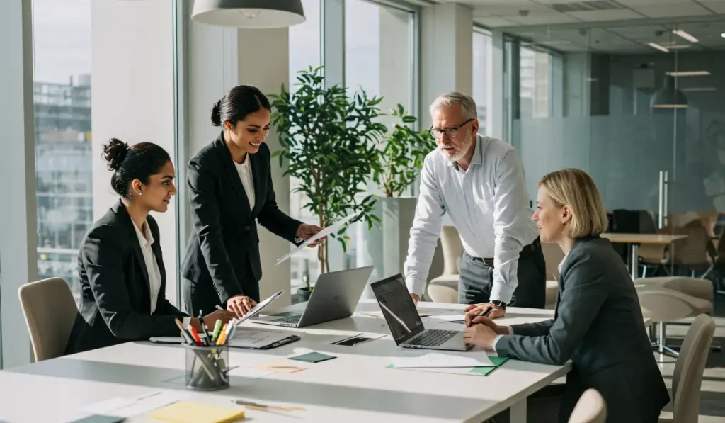Leader engages with office executives during a meeting with hands on the table